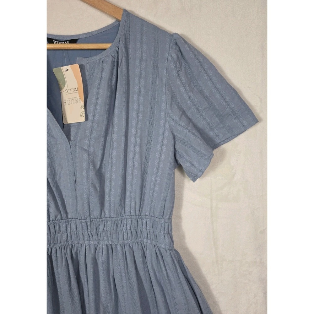 BTFBM Women's Light Blue Cotton Tiered Midi Dress Puff Sleeve Lined Size L NWT - Picture 6 of 15